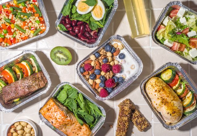 Healthy catering menu, courier food delivery lunch boxes. Beef steak meat, chicken filet , fish and vegetables in packages. Daily meal diet plan delivery , take away containers, online order concept